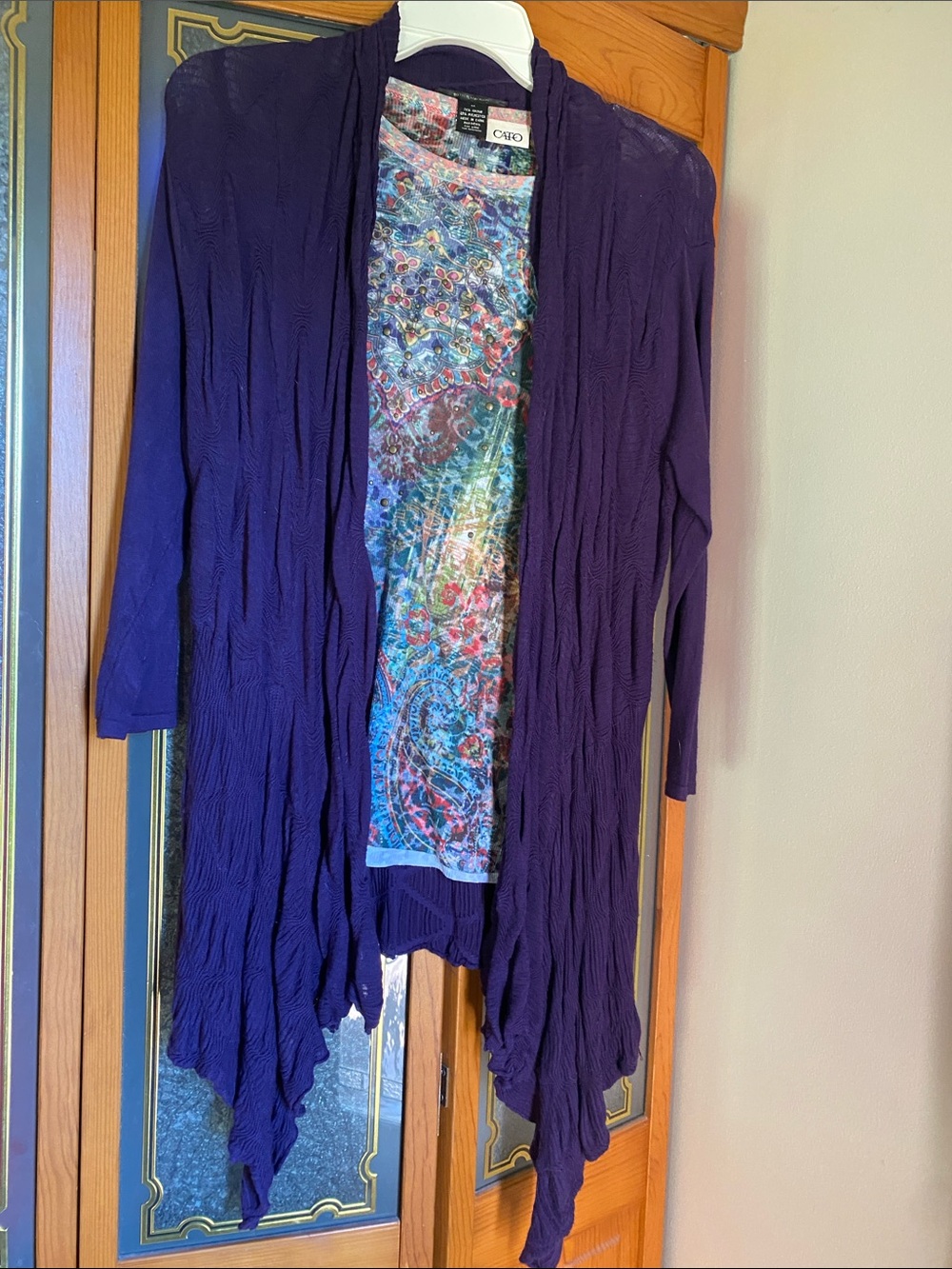Women's Deep Purple Textured Open-Front Cardigan and colorful long sleeve tee
